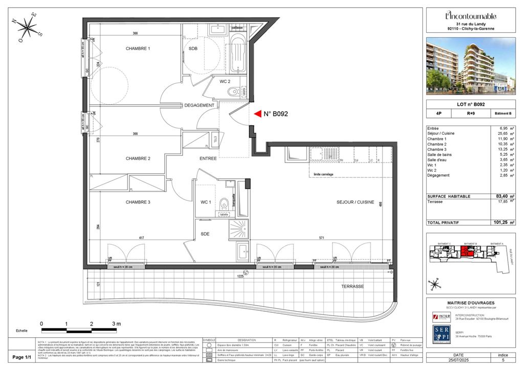 A vendre chez Beguet Associés : Clichy (92110), Hauts-de-Seine, près de Paris — appartement de 83 m², trois chambres, terrasse ouest et parking
